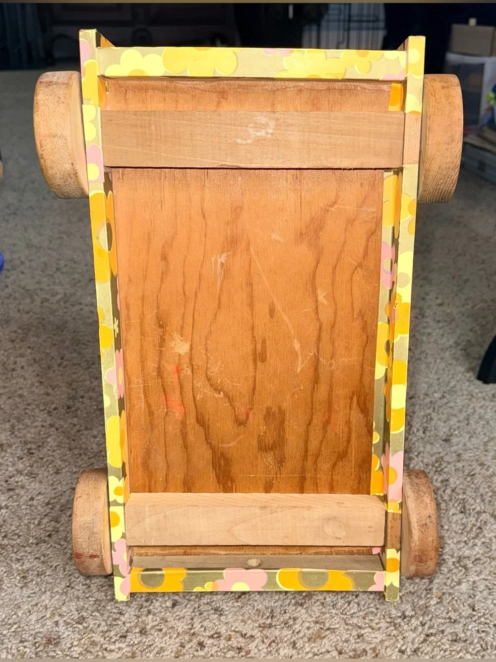 Vintage 1970s Wooden Block Wagon Set - Retro Mod Floral Rolling Cart 22 Blocks!